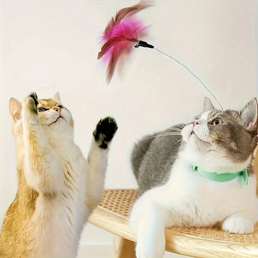 2pcs Cat Collar Toy Attached, Silicone Teasing Wand Adjustable Feather Collar Toys With Bell Interactive Teaser for Indoor Playing Training (Pink, Blue)