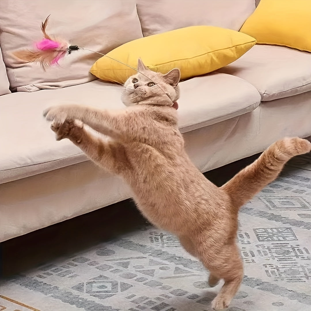 2pcs Cat Collar Toy Attached, Silicone Teasing Wand Adjustable Feather Collar Toys With Bell Interactive Teaser for Indoor Playing Training (Pink, Blue)