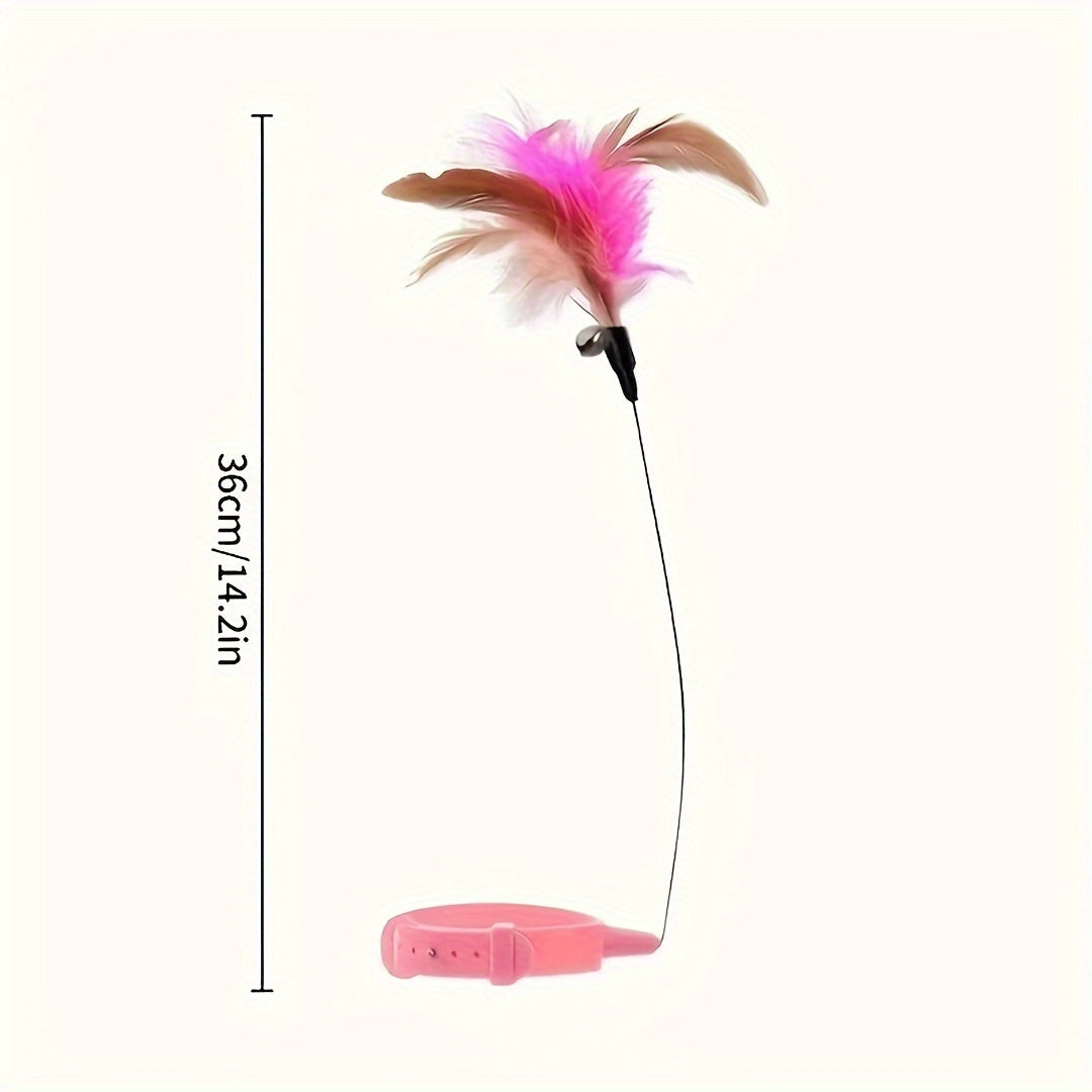 2pcs Cat Collar Toy Attached, Silicone Teasing Wand Adjustable Feather Collar Toys With Bell Interactive Teaser for Indoor Playing Training (Pink, Blue)