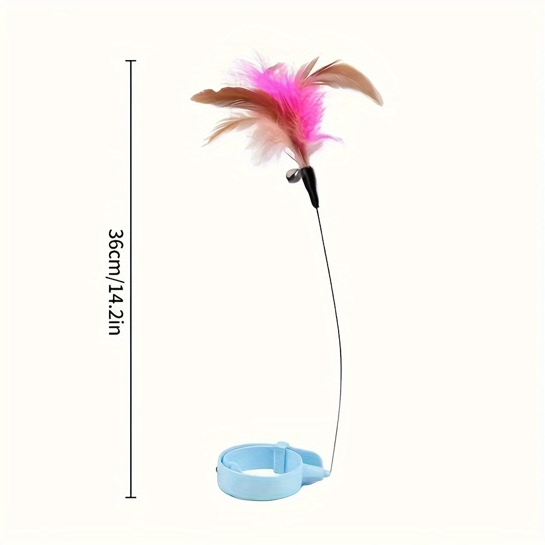 2pcs Cat Collar Toy Attached, Silicone Teasing Wand Adjustable Feather Collar Toys With Bell Interactive Teaser for Indoor Playing Training (Pink, Blue)
