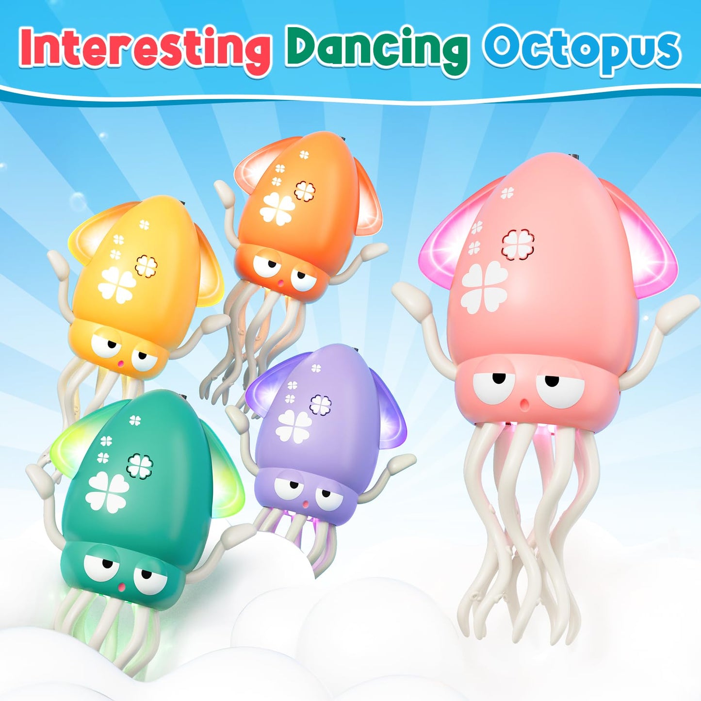 Magic Dancing Octopus Toy - Smart Obstacle-Dodging Robot with LED Light Show & Music, USB Rechargeable Tummy Time Squid Toy