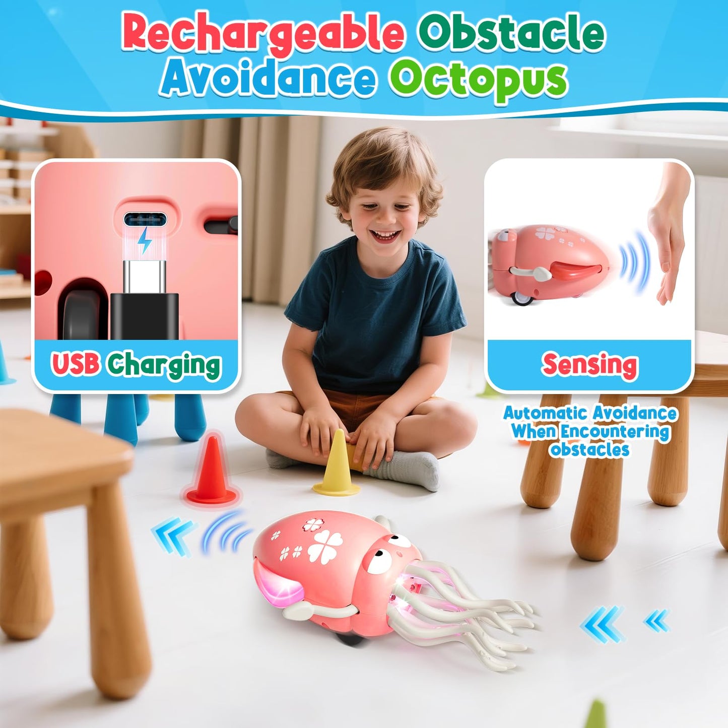 Magic Dancing Octopus Toy - Smart Obstacle-Dodging Robot with LED Light Show & Music, USB Rechargeable Tummy Time Squid Toy