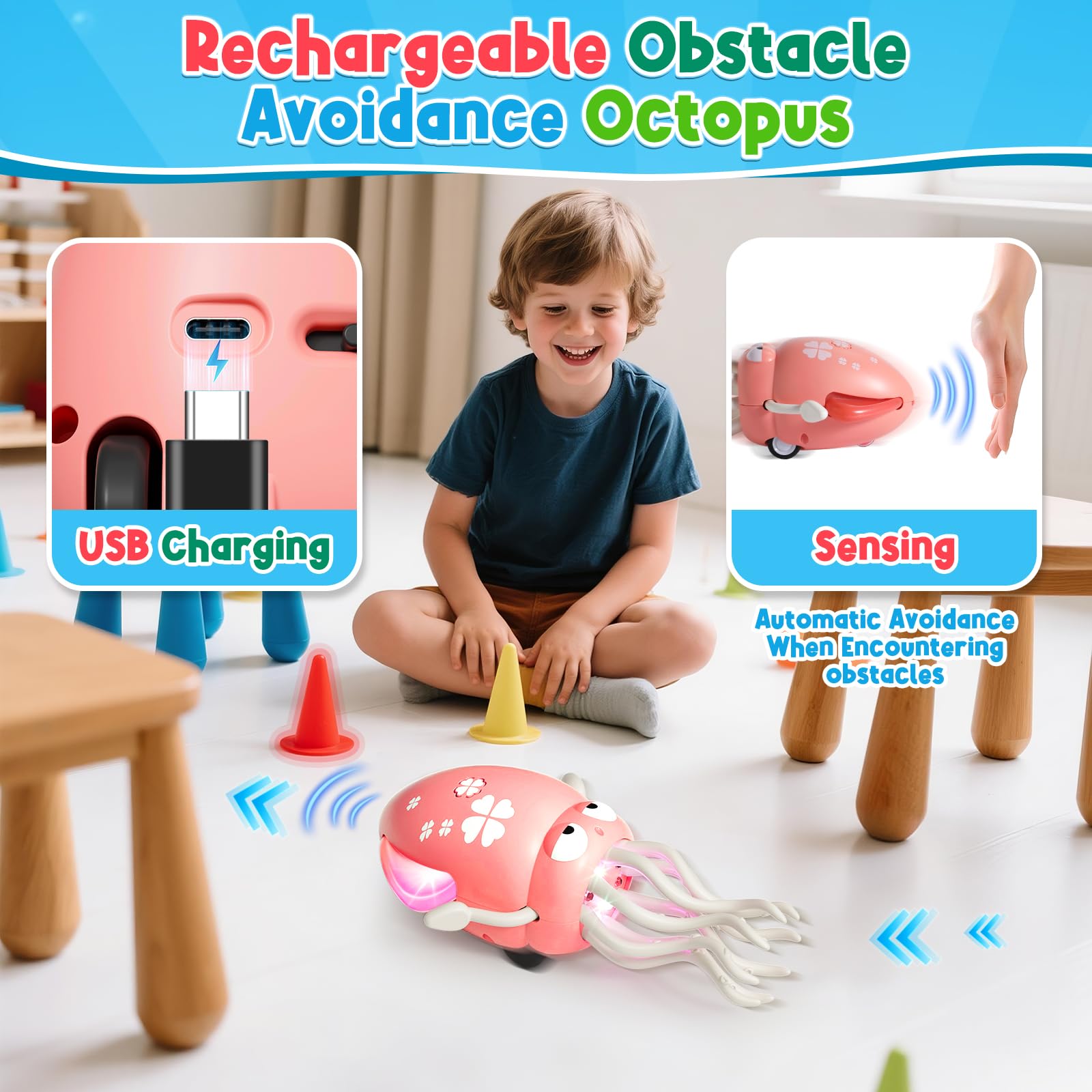 Magic Dancing Octopus Toy - Smart Obstacle-Dodging Robot with LED Light Show & Music, USB Rechargeable Tummy Time Squid Toy