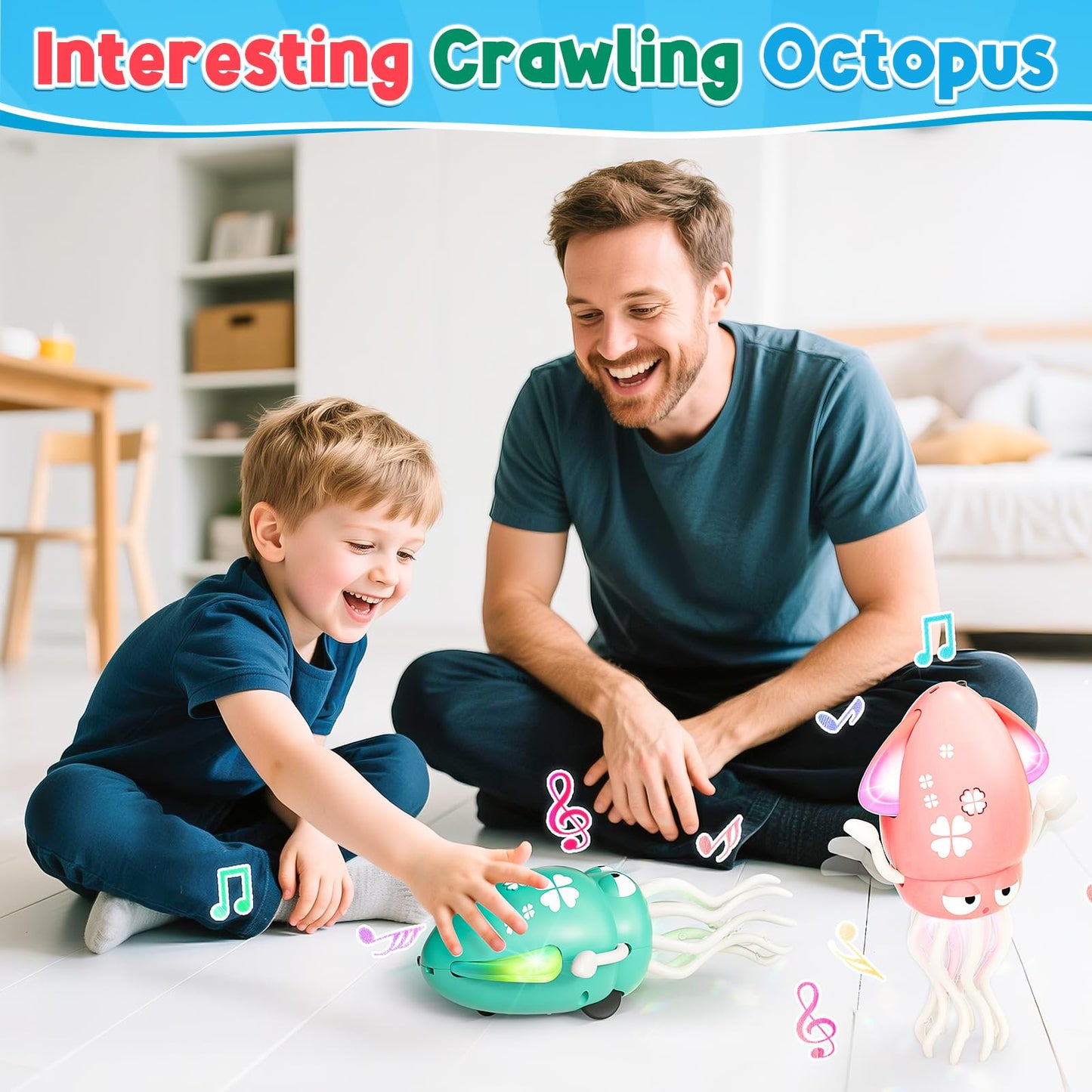 Magic Dancing Octopus Toy - Smart Obstacle-Dodging Robot with LED Light Show & Music, USB Rechargeable Tummy Time Squid Toy