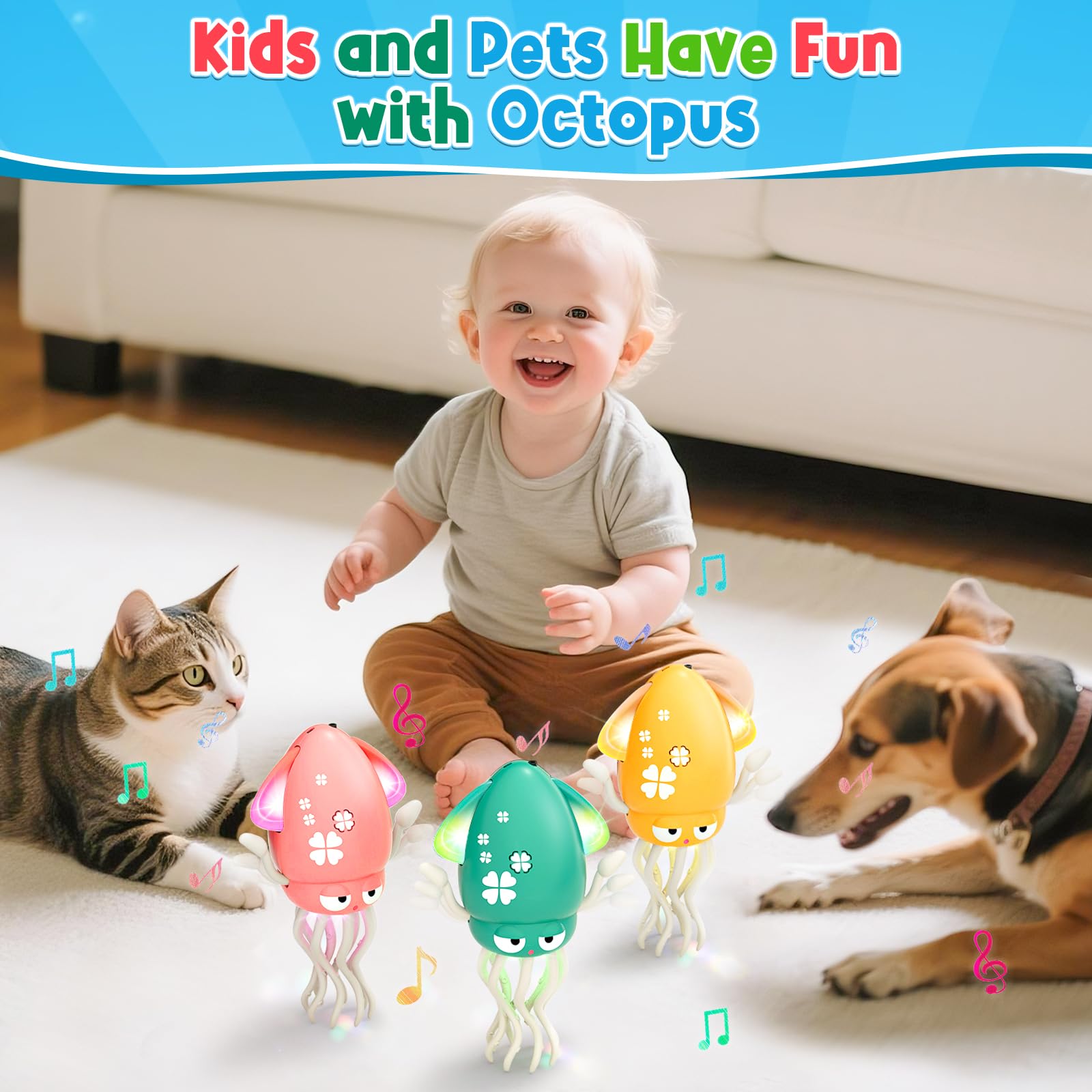 Magic Dancing Octopus Toy - Smart Obstacle-Dodging Robot with LED Light Show & Music, USB Rechargeable Tummy Time Squid Toy