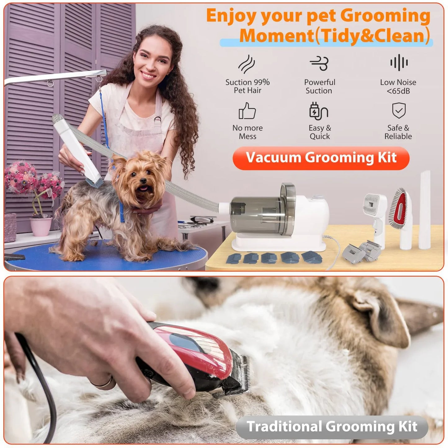 Pet Grooming Vacuum Kit - 12000Pa Low Noise 48dB, 7-in-1 Dog Hair Clipper with 2.5L Dust Cup & 6.5ft Hose, All-in-One Shedding Tool for Dogs/Cats